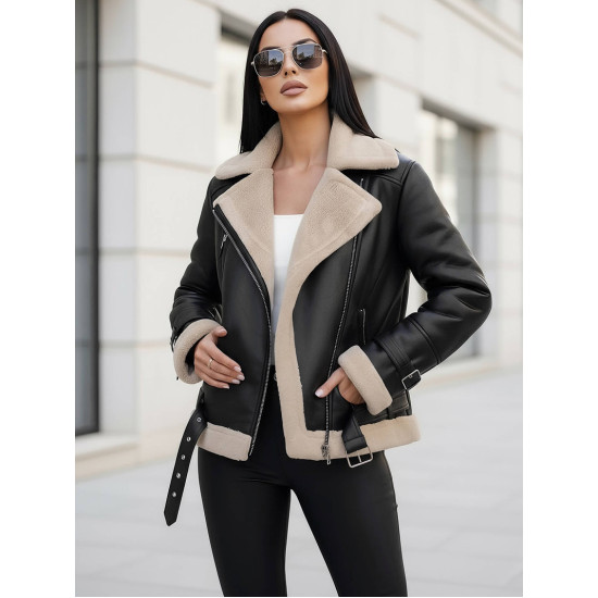 Sieviešu melna ādas jaka ar kažokādu Elen Sieviešu jakas