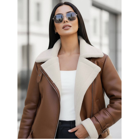 Women's brown leather jacket with fur Elen JS/11Z8177