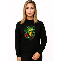 Sieviešu melns džemperis bez kapuces ar ģeometrisku vilku