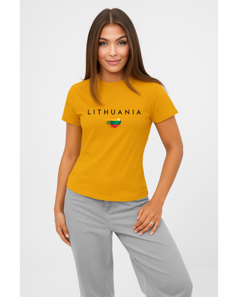 Sieviešu spilgti dzelteni T-krekli „Lithuania“ (melnā krāsā)