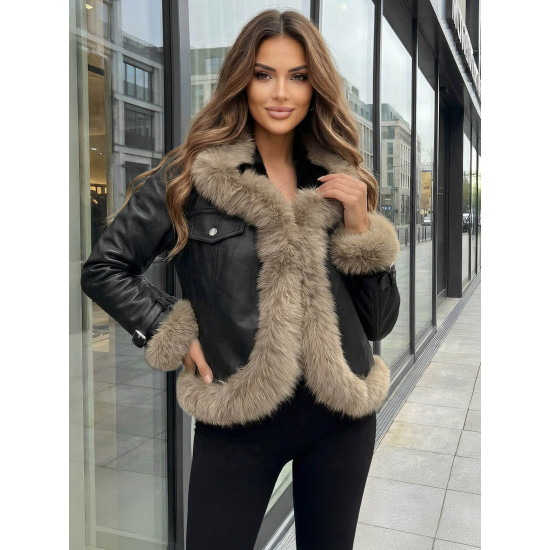 Sieviešu melna ādas jaka ar kažokādu Bali Sieviešu jakas