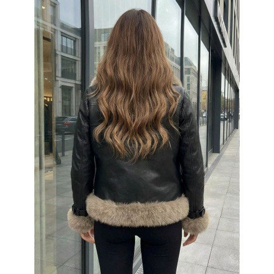 Sieviešu melna ādas jaka ar kažokādu Bali Sieviešu jakas