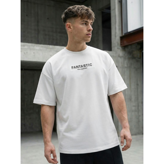 Vīriešu balts oversize t-krekls Fantastic T-krekls ar saukļiem