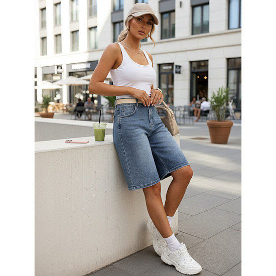 Women's blue denim shorts with belt Blue