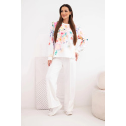 Sieviešu balts komplekts ar platām biksēm Ziedi