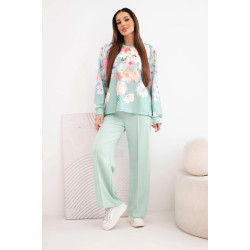 Sieviešu piparmētru komplekts ar platām biksēm Ziedi