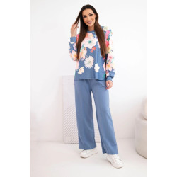 Sieviešu zils komplekts ar platām biksēm Ziedi