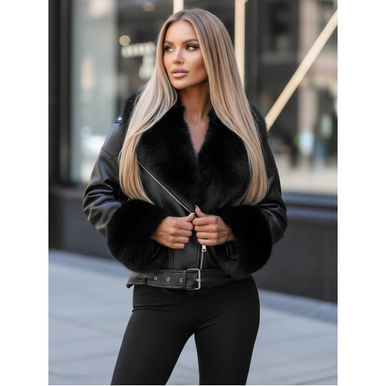 Sieviešu melna jaka ar melnu kažokādu Real Sieviešu jakas