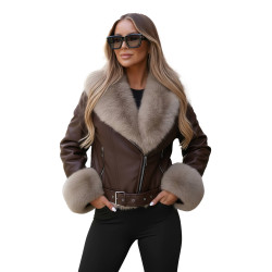 Sieviešu tumši brūna jaka ar brūnu kažokādu Real