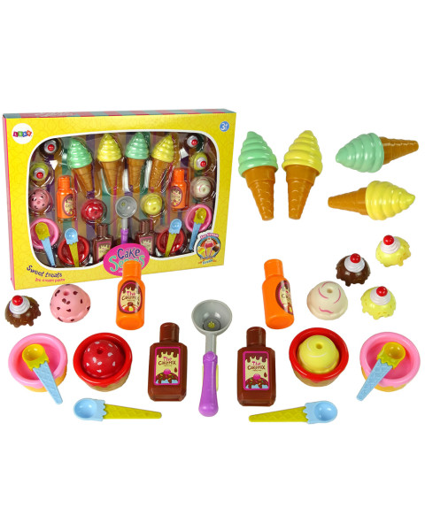 Saldumu komplekts: saldējums, cupcakes, mērces, karotes