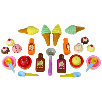 Saldumu komplekts: saldējums, cupcakes, mērces, karotes