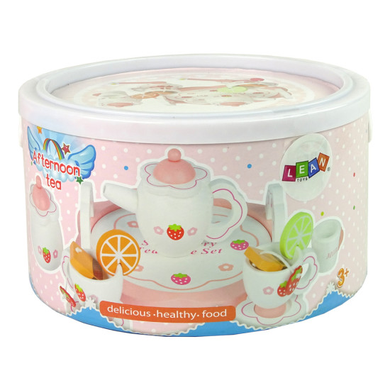 Wooden Tea Set Pink Flowers Pitcher Tray