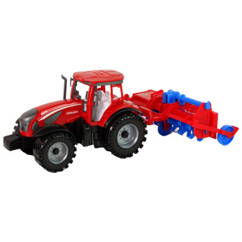 Sarkans traktors ar arklu un inerces piedziņu