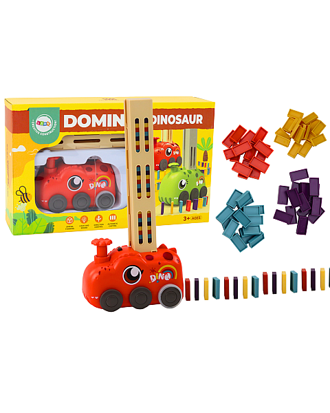 Sarkans dinozaurs kārto domino kauliņus