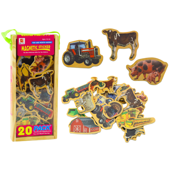 Set of Wooden Magnets, Home Animals, Agricultural Machines, 20 Pieces