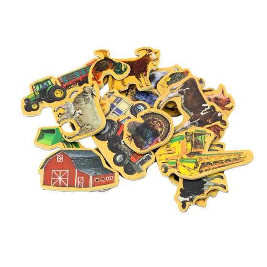 Set of Wooden Magnets, Home Animals, Agricultural Machines, 20 Pieces