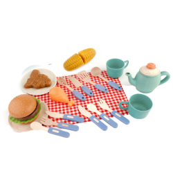 Grila komplekts: restes, ēdiens, galda piederumi, šķīvji, krūzes