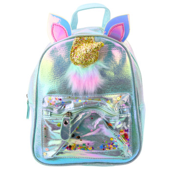 Bērnu zilā mugursoma ar kustīgu vienradža ragu un konfeti, 25 cm, 4,5 l