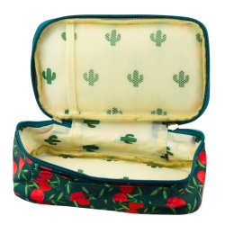 Green pencil case with additional pocket, cherry motif, 21,5 cm