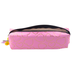 School Office Pencil Case, Single Compartment, Golden Hearts, Pink, 20x6.5 cm