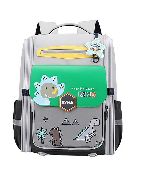 Pelēka skolas mugursoma ar dinozauriem 21 l, 39 cm
