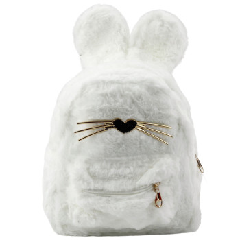 Bērnu balta plīša mugursoma ar ausīm, degunu un ūsām, truša forma, balta, 3 l, 22 cm
