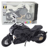 Melns metāla sporta motocikls ar gaismām un zelta detaļām, 1:12