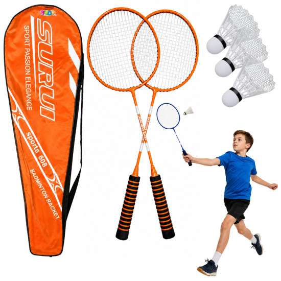 Oranssi badmintonsetti, jossa on mailat