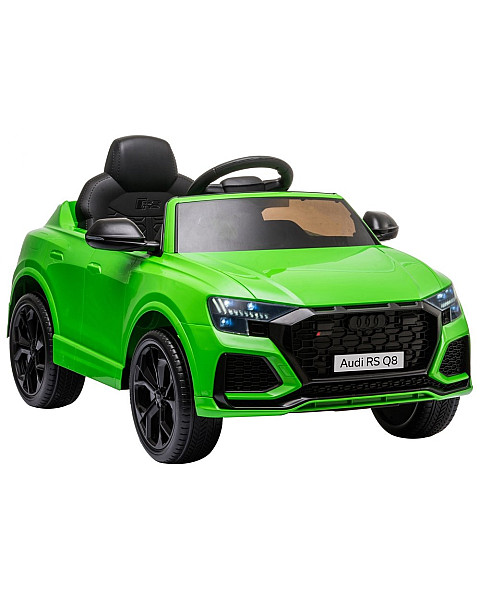 Zaļā Audi RS Q8 ar akumulatoru darbināms automobilis