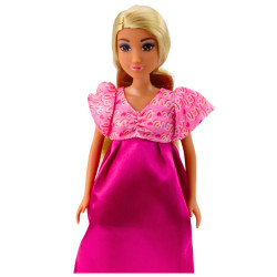 Stāvoklī esoša lelle rozā kleitā