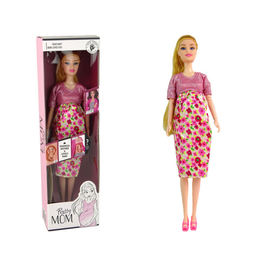 Grūtniece lelle rozā kleitā ar bērnu. Leļļu un spēļu komplekti