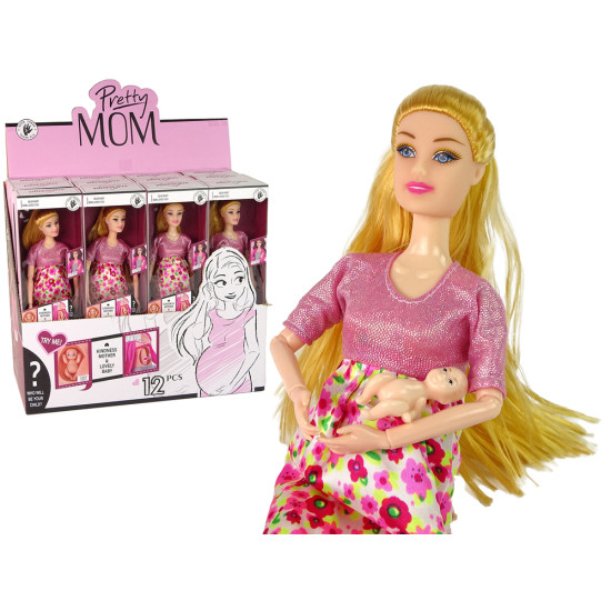 Grūtniece lelle rozā kleitā ar bērnu. Leļļu un spēļu komplekti