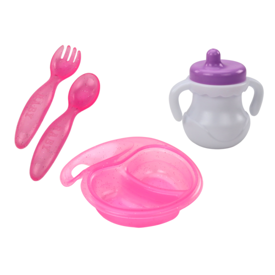 Lelle mazulis ar galvas saiti un barošanas aksesuāriem. Leļļu un spēļu komplekti