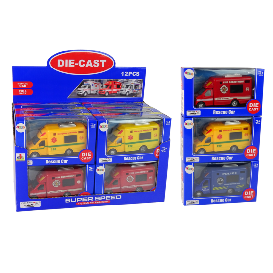 Car Rescue Vehicle Police Fire Brigade Friction Drive 3 Models Rotaļlietu automašīnas