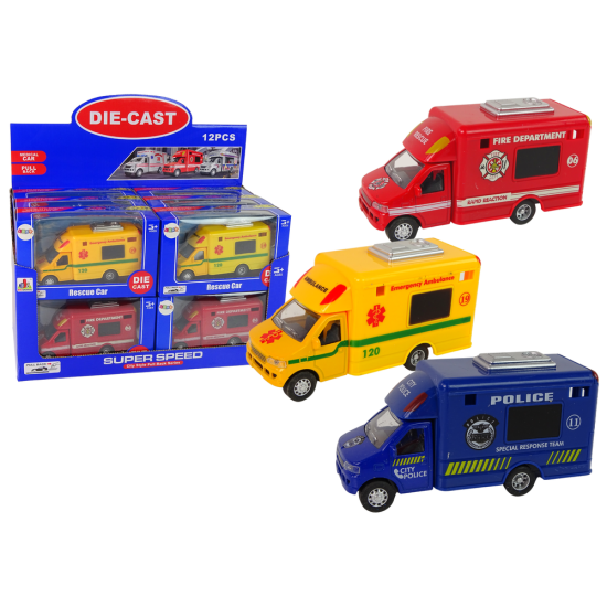 Car Rescue Vehicle Police Fire Brigade Friction Drive 3 Models Rotaļlietu automašīnas