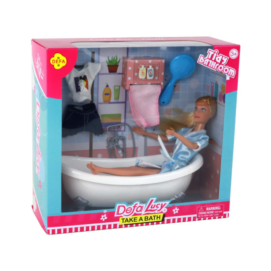 Blondīne lelle ar zilu halātu un vannas istabas piederumiem Leļļu un spēļu komplekti