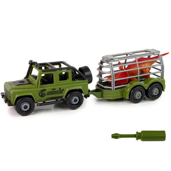 Zaļš apvidus auto ar dinozauru pārvadāšanas piekabi un dinozauru. Rotaļlietu automašīnas