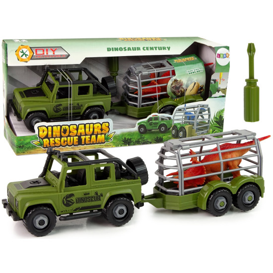 Zaļš apvidus auto ar dinozauru pārvadāšanas piekabi un dinozauru. Rotaļlietu automašīnas