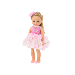 Lelle ar rozā kleitu un matu sprādzi, 38 cm