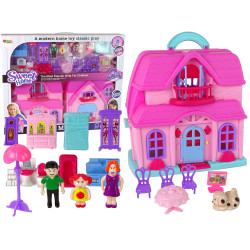 Leļļu rozā namiņš ar mēbelēm un aksesuāriem