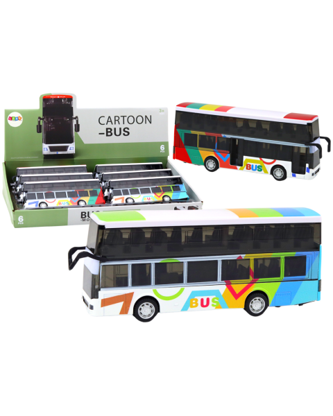 Divstāvu autobuss ar metāla zobratiem, krāsainām gaismām un skaņām