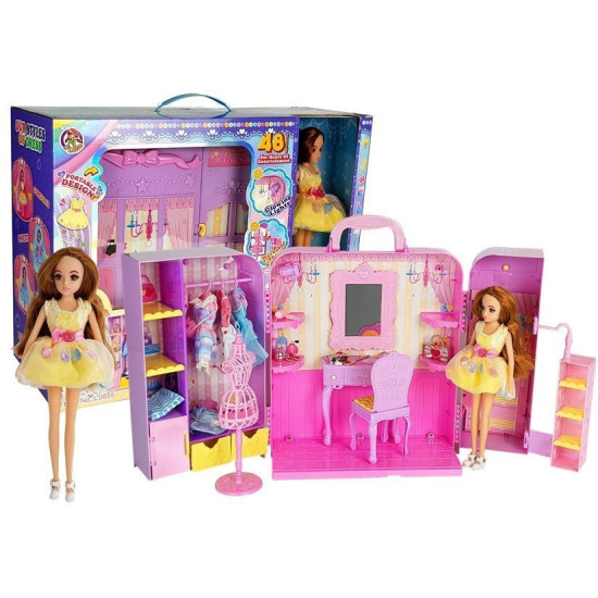 Lelles drēbju skapis ar spoguli un aksesuāriem Leļļu un spēļu komplekti