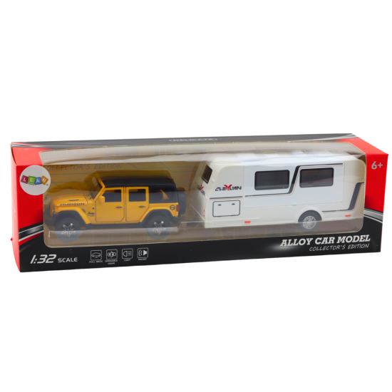 Set of Off-road Vehicles with Camper, Metal, Drive, Lights, Sounds, Yellow, 1:32 Rotaļlietu automašīnas