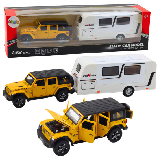 Set of Off-road Vehicles with Camper, Metal, Drive, Lights, Sounds, Yellow, 1:32 Rotaļlietu automašīnas