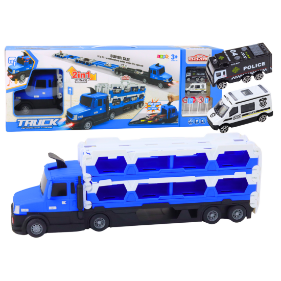 Lora Tow Truck Race Track 2in1 Lights Sounds Signs Cars Blue Rotaļlietu automašīnas