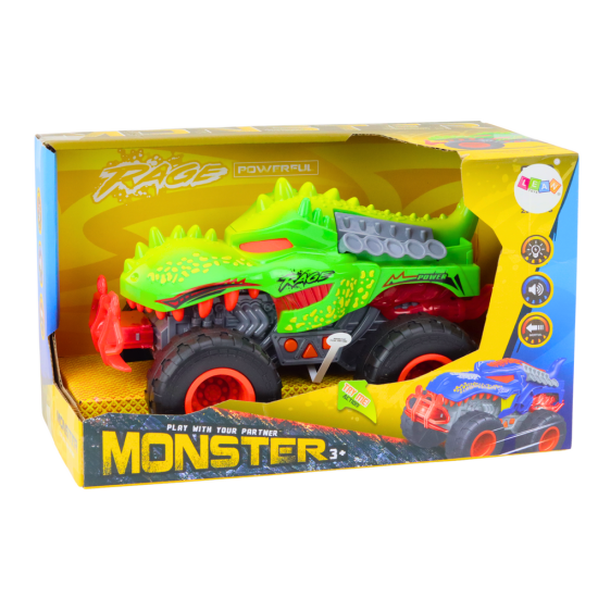 Off-Road Car Dinosaur T-Rex Lights Sounds Drive Green Rotaļlietu automašīnas