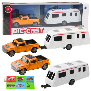 Metāla auto komplekts ar kempera piekabi oranžā krāsā