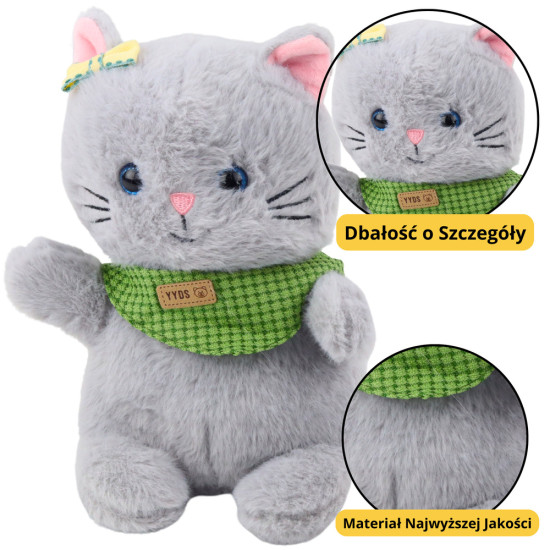 Plush Mascot Cuddly Toy Cat Gray Green Scarf Bow 22cm Plīša rotaļlietas