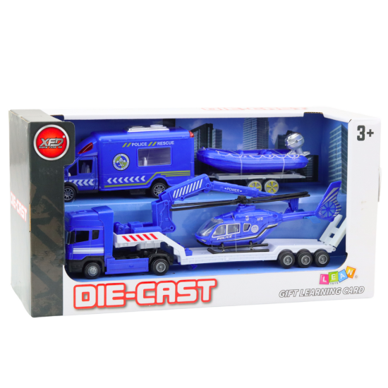 Police Rescue Car Boat Truck Helicopter Blue Set Rotaļlietu automašīnas