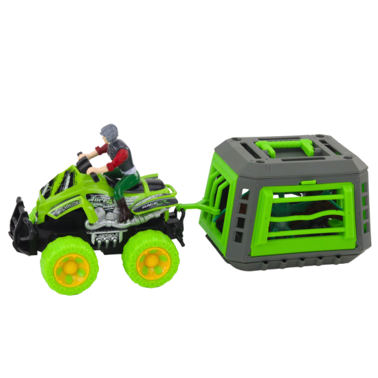 Kvadricikla komplekts ar vadītāju, dinozauru un dinozaura būrī. Dinozauri